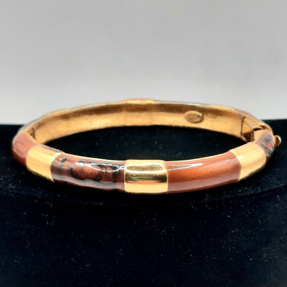 Alice Caviness Bracelet Enamel Hinged Bangle Brown & Gold-Tone - Picture 1 of 11